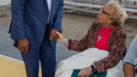 Asm. Gipson speaking with senior constituent