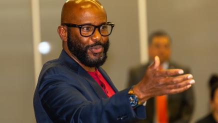 Asm. Gipson gestures while speaking to those in attendance