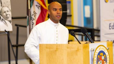 Guest speaker at podium, speaking