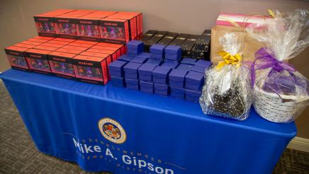 Table with boxed giveaways