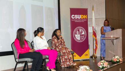 seated panelist onstage, speaking, while other panelists listen on