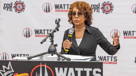 Honoree speaking at podium and gesturing with one hand